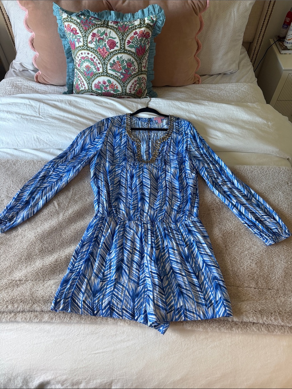 Lilly Pulitzer Blue and White Beaded-Trim Romper